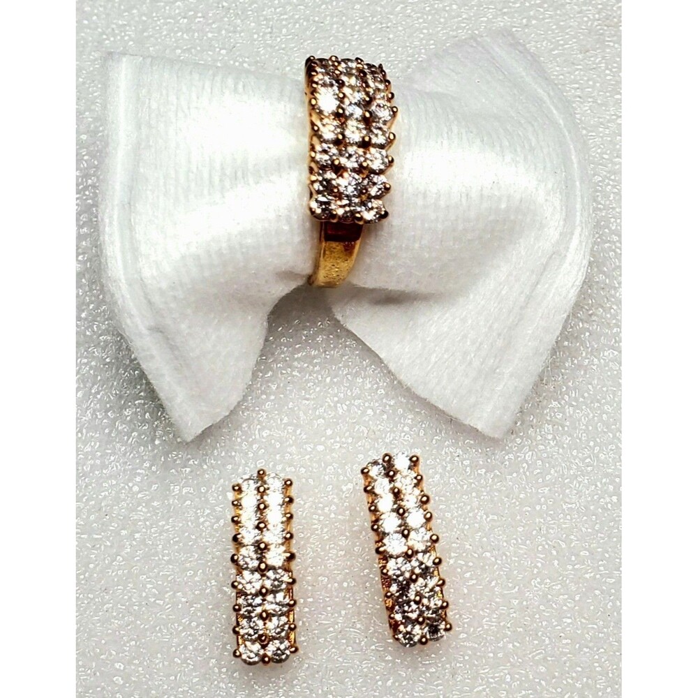 Gold Tone Cluster Ring Stud Earrings Set Vintage Style Size 9 Statement Glam